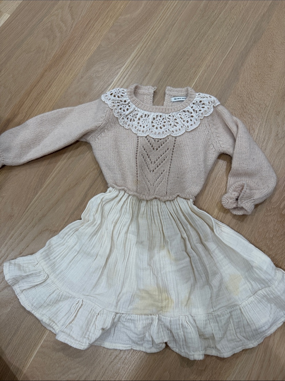 The New Society Children's Cream & Beige Knit Dress with Lace Collar